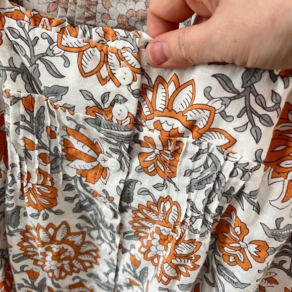 Rachel Zoe Floral Smocked Blouse L Orange & Gray 55% Linen 45% Rayon Long Sleeve - Picture 4 of 6